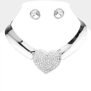 Silver Rhinestone Crystal Heart Pendant Choker Metal Fashion Statement Jewelry